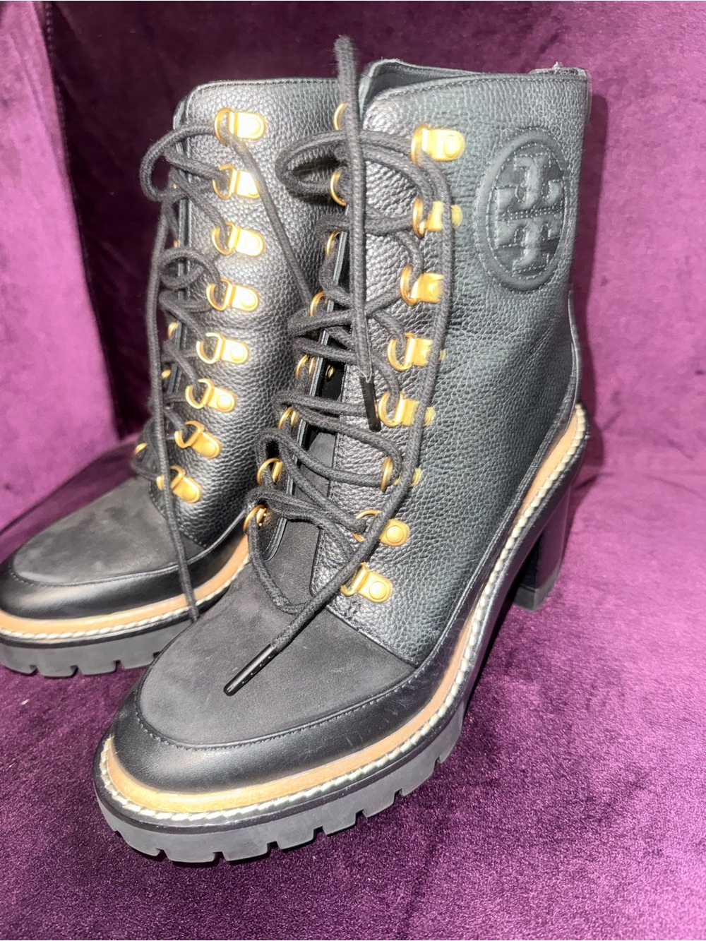 Tory Burch Black Leather Lug-Heel Lace-Up Booties